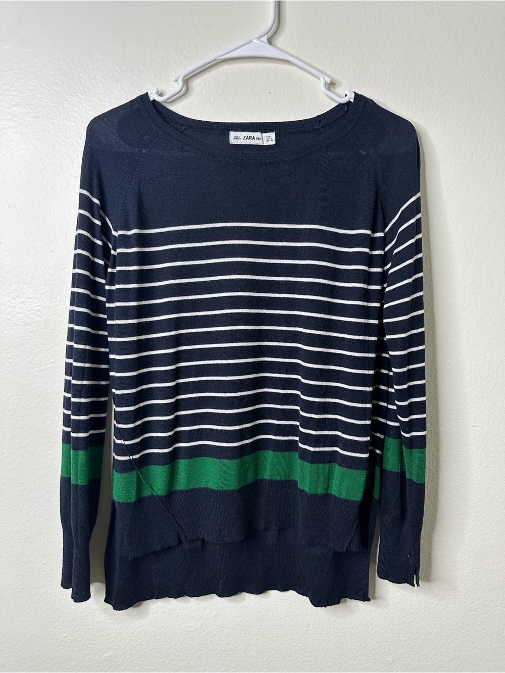 Zara Navy and White Striped Crewneck Sweater with Green Band